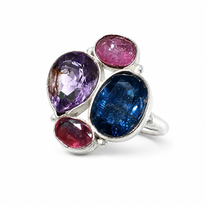 Anillo Múltiple con Engaste de Plata de Ley 925 y Piedras Naturales: Piedra Lunar Arcoíris, Prehnita, Amatista y Turmalina, Certificado por Terceros - Product Image 1
