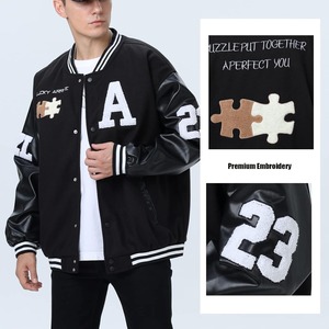 <b>Men's</b> Black Varsity <b>Jacket</b> Embroidered <b>Letter</b> A Patch Design PU Leather Sleeves Preppy Style Autumn Wear - Product Image 3