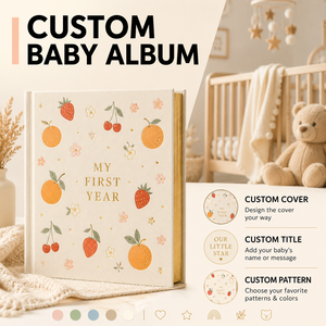LABON Libro de Recuerdos Personalizado para Bebés, Diario de Hitos del Primer Año, con Diseño de Frutas (Fresa, Cereza, Naranja), Tapa Dura y Detalles en Dorado - Product Image 1