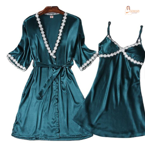 Ensemble de robe de chambre pour femme avec dentelle, col en V, chemise de nuit et peignoir à manches courtes, longueur genou - Product Image 2