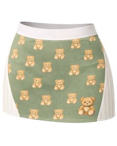 Ensemble deux pièces vert sauge pour femme, imprimé ourson, composé d'un crop top sans manches et d'une mini-jupe taille haute, tenue douce et extensible - Product Image 5