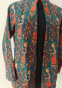 Chaqueta Kimono Ligera Tejida para Mujer con Estampado Madhubani, Seda Tusser, Color Azul Pavo Real y Naranja, Frente Abierto, Tela Satén - Product Image 5