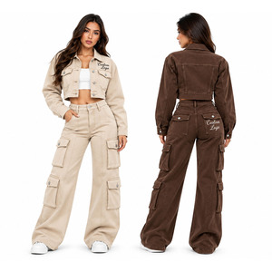 <b>Womens</b> Washed Denim <b>Cargo</b> 2 Piece Set Cropped Utility <b>Jacket</b> and Wide Leg Multi Pocket Pants Custom Logo Streetwear Co Ord - Product Image 2
