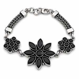 Bracelet à breloques fleuris vintage, serti de cristaux noirs, plaqué argent antique, bijoux pour femmes, cadeau - Product Image 1