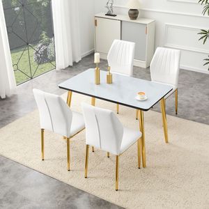 Set da Pranzo Bianco con Effetto Marmo, Piano in Vetro con Base in MDF e Gambe Affusolate in Metallo Dorato, 4 Pezzi - Product Image 2
