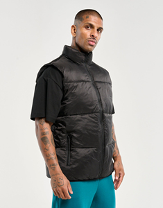 Men's Black Stand Collar Puffer Vest Zipper Closure Windproof Polyester <b>Wadding</b> Winter Casual Jacket - Product Image 1
