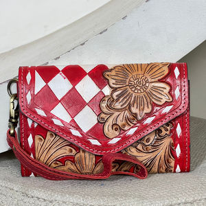 2026 Premium Cowgirl Handcrafted Tooled Checkered Leather Wristlet Wallets Genuine Leather Floral Clutch <b>Purse</b> RFID Card Holder - Product Image 4
