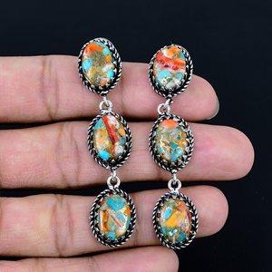 Natural spiny oster Southwestern Cluster <b>Studs</b> with 925 Sterling <b>Silver</b> plated Jewelry For Her - Product Image 1