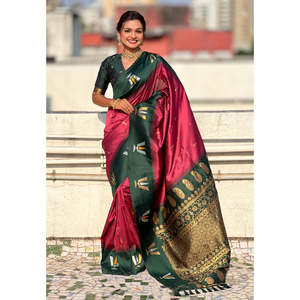 Sari traditionnel indien du sud en soie douce, tissé Zari, rose corail, avec contraste Tilak, vêtements pakistanais de la marque Elite Weaves - Product Image 1