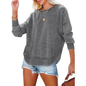 Sudadera de cuello redondo para mujer, manga larga, con aberturas laterales, informal, de color liso, holgada, cómoda y acogedora para uso diario - Product Image 1