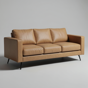 Elegante Sofá de Cuero Vacuno Genuino de Estilo Moderno de Mediados de Siglo, Sofá de Cuero Marrón de 3 Plazas con Estructura de Madera, Muebles para Sala de Estar - Product Image 1