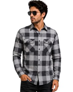 Gray Black Plaid Men Flannel Shirt Long Sleeve Button <b>Down</b> Checkered Casual Cotton Shirt With Pocket Streetwear Overshirt - Product Image 1