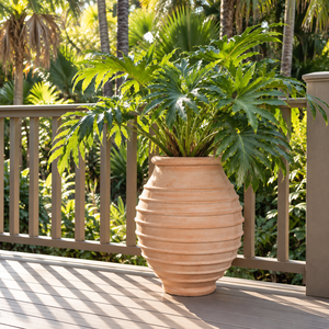 Heavy Duty Thick <b>Wall</b> Cement <b>Planter</b> Crack Resistant Long Lasting <b>Outdoor</b> Ringed Urn Reddish Earthenware Appearance 60x77 - Product Image 3