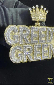 Pendentif personnalisé « Greedy Green » avec couronne, diamants Moissanite, plaqué rhodium, certifié GIA, en argent sterling 925, bijoux Hip Hop glacés - Product Image 2