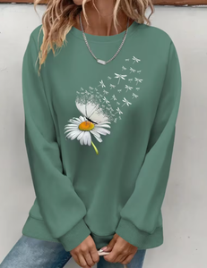 Green Oversized <b>Dandelion</b> <b>Print</b> Pullover Sweatshirt Regular Sleeve O-Neck Knitted Casual Unisex Spring Wear 100% Cotton - Product Image 6