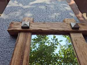 Rustic Reclaimed Solid Wood Wall <b>Mirror</b> Rough Bark Textured Beam Frame Metal Stud Corner Accent Bathroom Vanity Decor Artwork HD - Product Image 5