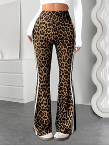 Women <b>High</b> Waist <b>Leopard</b> <b>Print</b> Flare Pants Loose Fit Full Length Knitted Casual Elastic Waist Side Stripe Autumn Pants Women - Product Image 3
