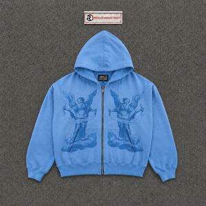 Sweat à capuche graphique Blue Angel vintage oversize streetwear, motif ailes célestes, effet délavé, design artistique épais, pour l'automne - Product Image 5