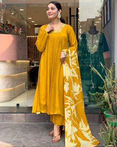 Latest Women's Mustard Chinon Silk Embroidery Kurti with Viscose Chanderi <b>Pant</b> With Chinon <b>Lineing</b> Dupatta Sets - Product Image 5