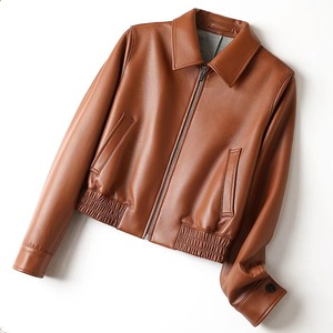 528 <b>Sheepskin</b> Yellow Brown Lapel Zipper Simple Style Short Women's <b>Jacket</b> 2026 New Product for New Products 2026 - Product Image 2