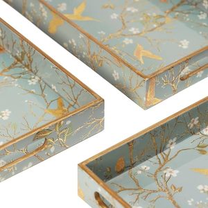 Plateau de service rectangulaire décoratif de luxe en bois poli plaqué or, motif floral et oiseaux, pour la décoration intérieure, les mariages et la vie quotidienne - Product Image 1