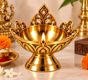 Handcrafted Brass <b>Lotus</b> Diya Traditional Oil <b>Lamp</b> Decorative Puja Deepak Aarti Light Ornate Floral Design Pedestal Home - Product Image 3