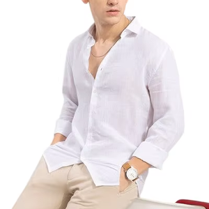 Chemise décontractée pour homme en lin écologique uni, col rabattu, couleurs blanc, vert, bleu, beige. 100% Lin Lavé à la Pierre Adouci - Product Image 1
