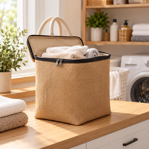 Sac de rangement en jute personnalisable à motif lettres avec fermeture éclair, couvercle et poignées en corde pour vêtements, linge et courses – Vente en gros - Product Image 4