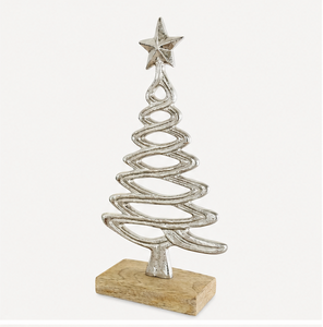 Handmade Silver Metal Christmas <b>Tree</b> Sculpture With Natural Wood Base Elegant Aluminum <b>Tabletop</b> Ornament For Festive Home Decor - Product Image 5