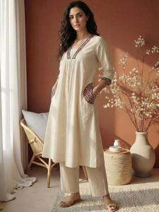 <b>Women</b> Ethnic Embroidered Cotton <b>Kurta</b> Trousers Set Regular Fit Knee-Length Casual Wear Quick Dry India Pakistan Design - Product Image 3