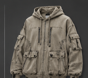 Hoodie streetwear oversize de luxe pour l'hiver avec poches à rabat et fermetures éclair, en molleton doux 400+ GSM en coton et polyester épais - Product Image 4