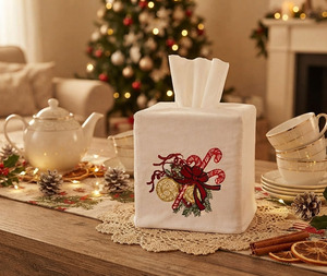 Quang Thanh Embroidery Classic Embroidery Candy Cane Christmas Square Tissue Box Cover 100% Cotton Durable Portable Home Hotel - Product Image 1