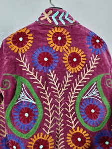 Indian Artisan Statement Outwear Handmade Luxurious <b>Velvet</b> Suzani Jacket Modern Bohemian Style Bold Floral Embroidered <b>Coat</b> - Product Image 6