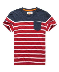 Camiseta de Manga Corta con Cuello Redondo y Rayas para Hombre, con Bolsillo, Ribete en Contraste, Corte Regular, Estilo Casual, Rojo, Blanco, Azul Marino - Product Image 1