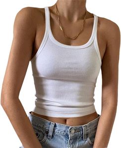 Camiseta sin mangas para mujer, blanca, de punto acanalado, con cuello redondo, informal, corta, de color liso, transpirable - Product Image 1