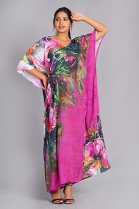 Women’s Floral Abstract <b>Kaftan</b> Dress – Magenta Watercolor Kimono Sleeve <b>Maxi</b> Gown Sleepwear - Product Image 2