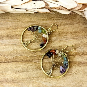 High Quality <b>Tree</b> Of Life Dangle Earrings Boho Brass Jewelry For Women 18k Gold Plated <b>Chakra</b> Gemstone Nature Hoop Wholesale OEM - Product Image 4