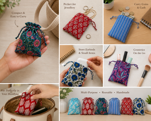Premium Handmade Cotton Potli Bag <b>Drawstring</b> <b>Pouch</b> Indian Block Print Eco Friendly Gift Packaging Storage Organizer - Product Image 6
