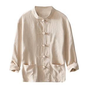 Camisa de primavera para hombre, informal, de manga larga, de algodón y lino, tejido dobby, transpirable, con cuello alto y ajuste holgado. - Product Image 2