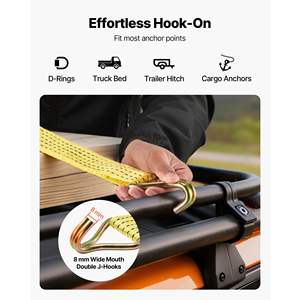Sangles à cliquet robustes, lot de 6, 2 x 15 pieds, attaches de fixation, double crochet en J, résistance à la rupture de 5000 livres, pour toit de voiture, kayaks, déménagement, bagages - Product Image 5