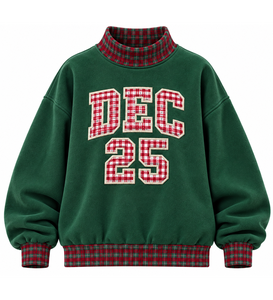 OEM <b>Women's</b> Oversized Mock Neck <b>Sweatshirt</b> Custom <b>Christmas</b> ghingham Letter Applique Embroidery Plaid Fabric Casual Pullover - Product Image 5