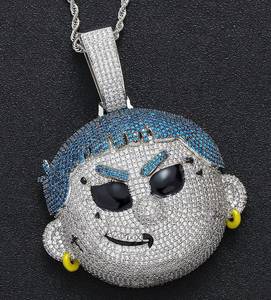 จี้รูปหน้าฮิปฮอปแบบ Iced Out พร้อมสร้อยคอ ผมสีฟ้า ตาสีดำ เพชรโมอิสซาไนต์ เครื่องประดับสั่งทำสุดหรู - Product Image 5
