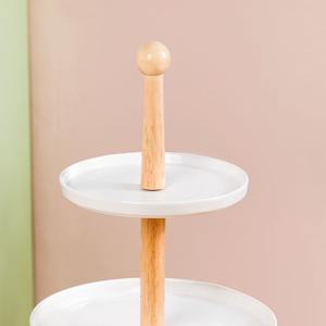 3 Tier White Ceramic <b>Cake</b> <b>Stand</b> With Wooden Pillar Round Porcelain Dessert Display Tray <b>Tiered</b> Serving Platter for Tea Party - Product Image 4