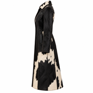 <b>Black</b> White Cow Hair Leather Duster Trench <b>Coat</b> <b>Womens</b> Concealed Zip Long Outwear Custom Manufacturer - Product Image 4