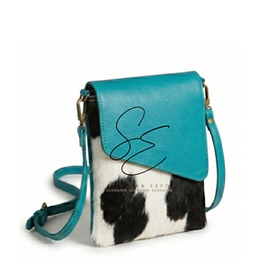 Women Regular Use Leather Purse Turquoise Leather <b>Black</b> & White Hair On Hide Fur Crossbody Sling <b>Bag</b> with Adjustable Strap - Product Image 2