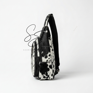 Genuine Leather Hair On Cowhide Sling Bag Crossbody Chest Bag Unisex Mini Backpack Single <b>Strap</b> <b>Shoulder</b> Bag Travel Daypack - Product Image 4