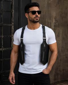 FAZMAX <b>Black</b> Oxford Tactical <b>Harness</b> Bag Unisex Shoulder Sling Backpack Genuine Leather Lining Zipper Detachable Strap - Product Image 3