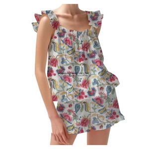 Cotton Hand Block Printed Floral Shorts Pajama Set Ruffle Sleeve Spring/Summer Floral Fitted Strappy Ruffle <b>Trim</b> Sleeves PJ Set - Product Image 4