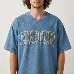 T-shirt surdimensionné à col en V pour hommes, vintage, bleu, en coton chenille, avec lettres, style streetwear, vêtements streetwear surdimensionnés - Product Image 5