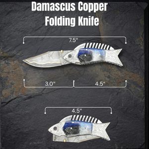 Personalized Hand Forged <b>Copper</b> Damascus Unique Fish Folding Pocket Knife Collectible EDC Multi-Functional Camping Hunting Knife - Product Image 2